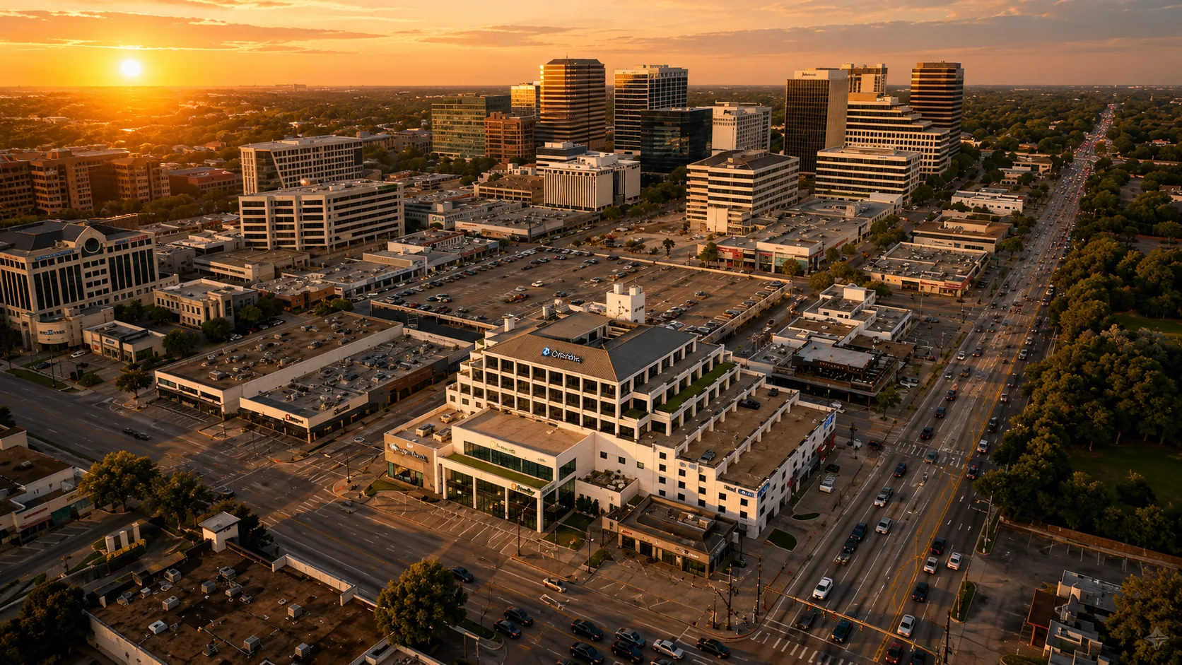 Wide aerial of the Preston Center district at sundown