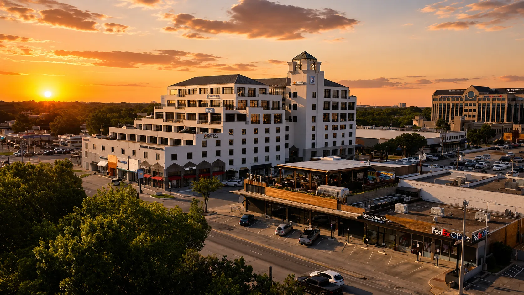 Evening view with CRAFT and the retail block in the foreground